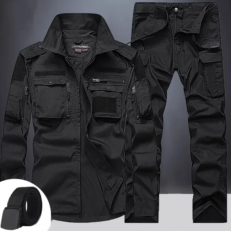 Summer Tactical Sets Mens Outdoor Breathable Multiple Pockets Combat Training  Long Sleeve Shirts Cargo Pants Suits Male 2