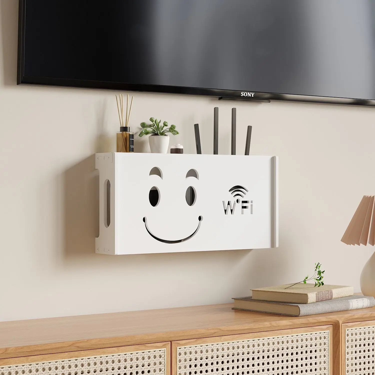 Scaffale Da Parete Appeso Wireless Wifi Router Storage Box Wire Board Tvbox Storage Power Strip Protection Shell Cable Organization Bin