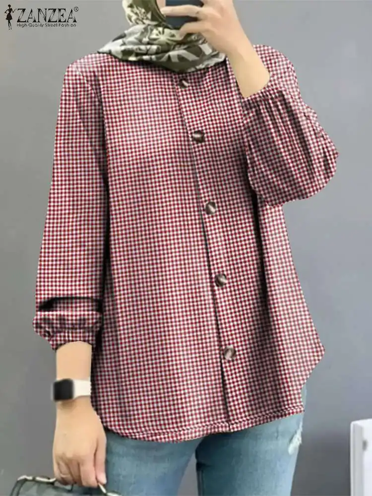 

ZANZEA Autumn Plaid Checked Blouse Women Vintage Muslim Tops Casual Abaya Blusas Mujer Casual Long Sleeve Ramadan Turkey Shirt