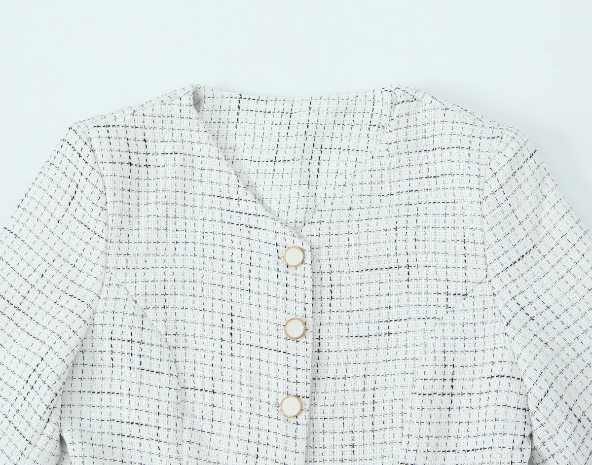 French Style Retro V collar Plaid Woven Tweed Blazer + High Waist Mini Short Skirts Suits 2 pieces 1 Set Black White