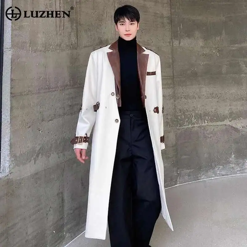 LUZHEN Winter High End Thick Woolen Coat Personalized Leather Patchwork Luxury Design Men's Long Windbreaker Outerwear LZ6379