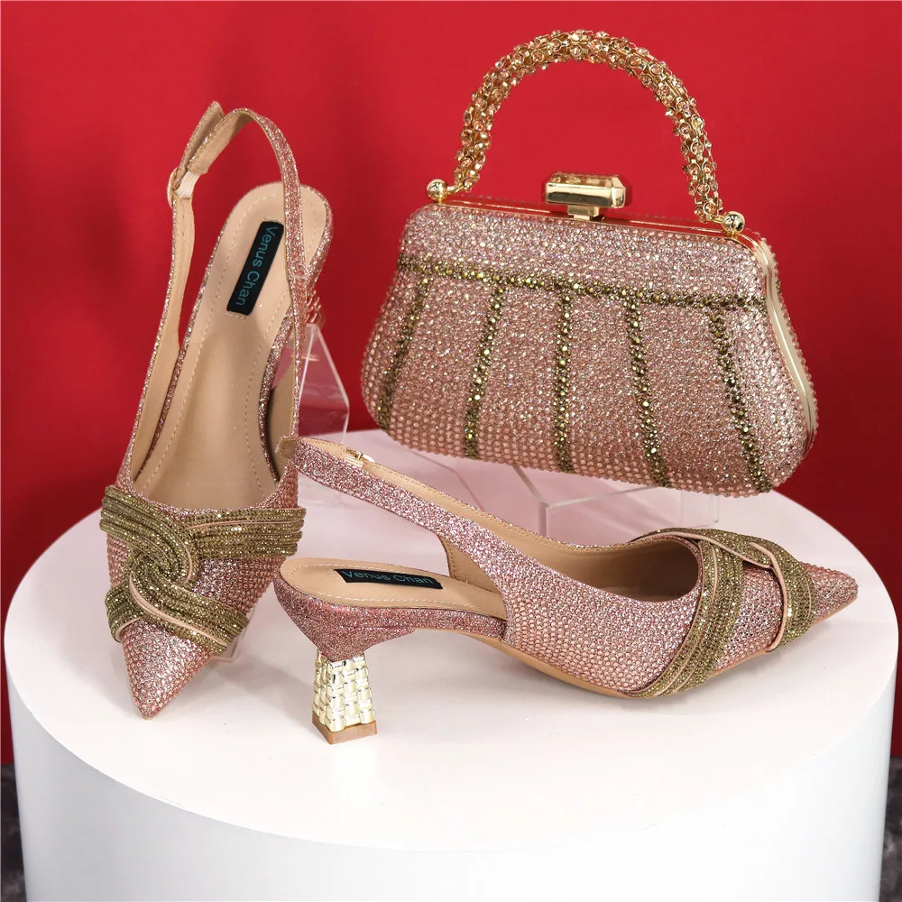Nigerian ische Frauen Ferse Party Damen italienisches Design lila Schuhe und Tasche Set mit Strass Handtasche Hochzeits feier verziert – Detail 10