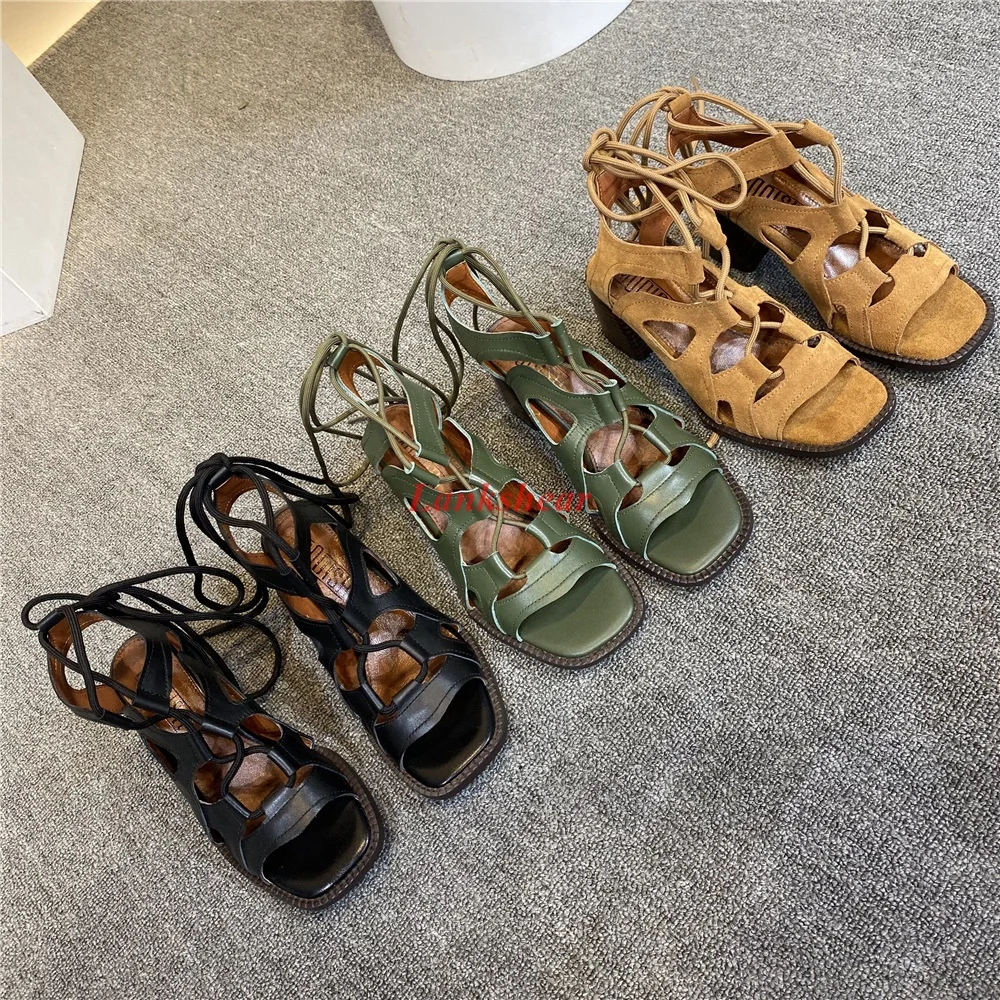 

2022 Spring/Summer Thick Heel Leather GLADIATOR Casual Retro Hollow Sandals Lace Up Medium Heel Large Size Ladies Sandals