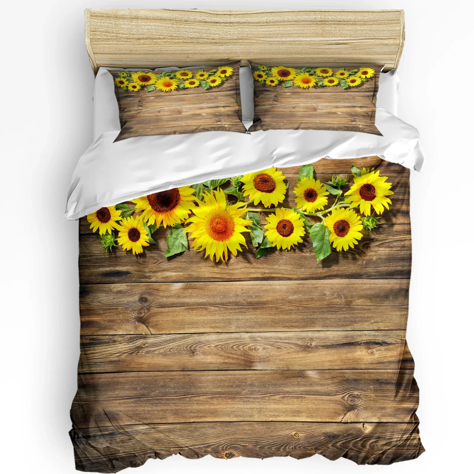 

Sunflower Leaves Retro Wood Board 3pcs Bedding Set For Bedroom Double Bed Home Textile Duvet Cover Quilt Cover Pillowcase