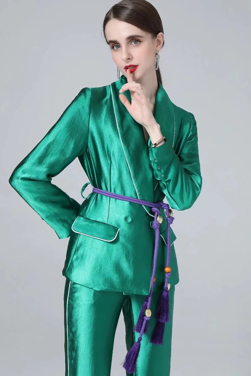 

Green Jacket Pants Women Suits Set Luxury Brand Blazer Trousers Ladies 2Piece Shiny Satin Shawl Collar With Belt Double Breasted