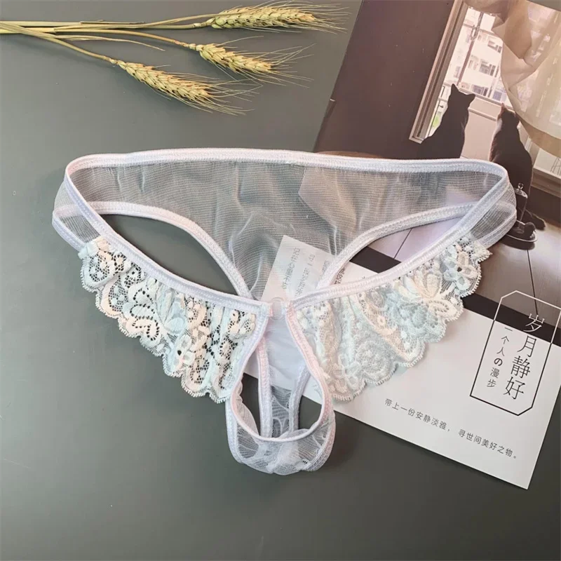 Adult Men's Open Crotch Underwear with Holes Transparent Seamless Thong Briefs Low-waist Ultra-thin Mesh G-string