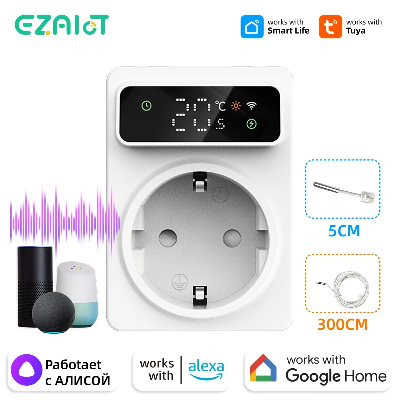 ปลั๊กเทอร์โมสตัทดิจิตอล Tuya Wifi 16A ปลั๊กควบคุมอุณหภูมิความแม่นยำสูง ควบคุมการทำความเย็นและความร้อนระยะไกล พร้อมตัวตั้งเวลา 3M NTC Alexa 1