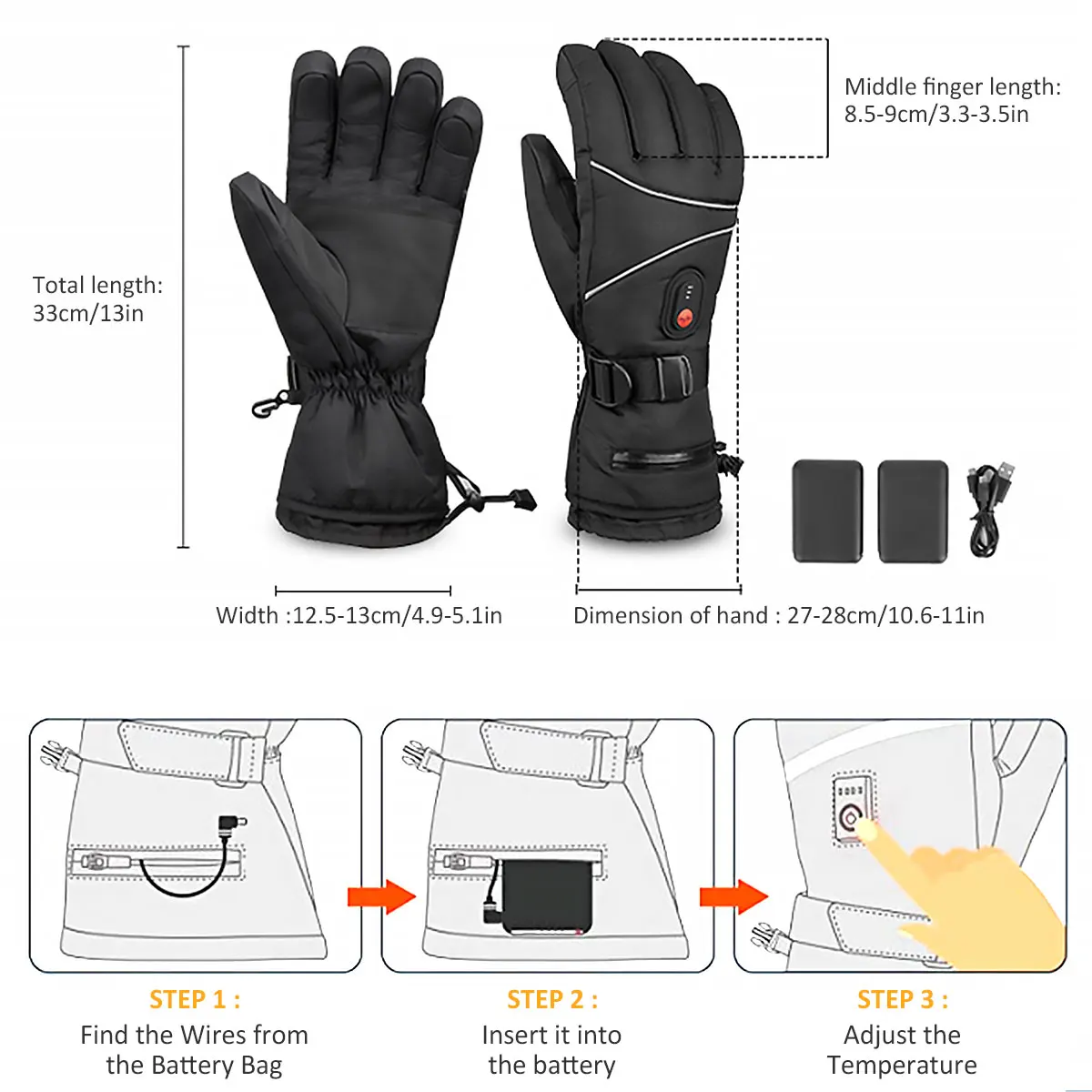 USB Electric Heated Gloves with 3 Mode Warm Heated Gloves Motorcycle Thermal Touch Screen Waterproof