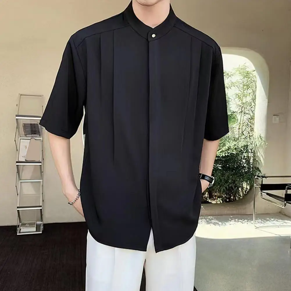 Men Solid Color Shirt Stylish Men's Stand Collar Ice Silk Shirt with Pleated Design Loose Fit Cardigan Half Sleeves for Business