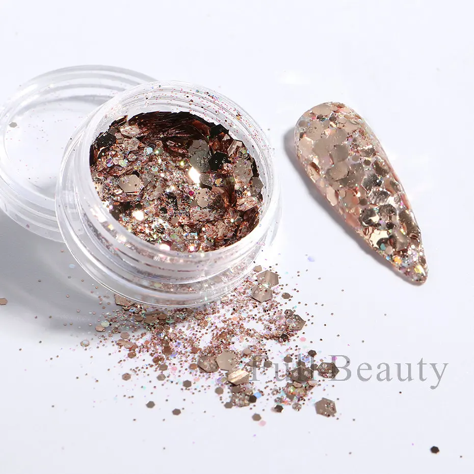 6pcs Champagne Rose Nail Glitter Flakes Mixed Hexagon Sequins Powder Fall Winter Mermaid Paillette Nail Decorations LA1539-52 nail powder nail glitter nail decoration nail decorations nail flakes