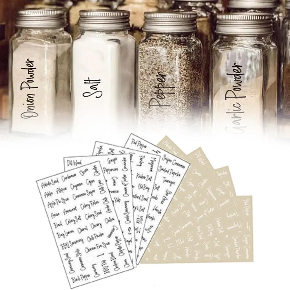 Transparent Spice Labels Preprinted Black White Letter Self-Adhesive Labels Cans Stickers Jars Waterproof Kitchen Seasoning P8X1