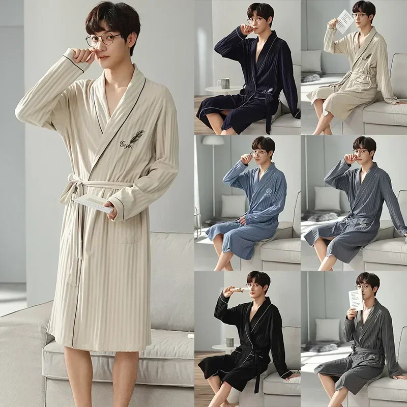 

Pajamas Gown Lounge Pyjama Nightwear Pit Sleepwear Men Bathrobe Clothes Stripe Male Printing Robe Wear Home Cotton Autumn