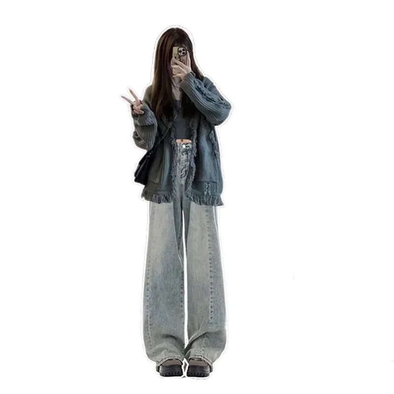 2023 New Korean Autumn/Winter Women\'s Loose Cardigan Jeans Two Piece Autumn Two Piece Women\'s Pants 2 piece knitted set women
