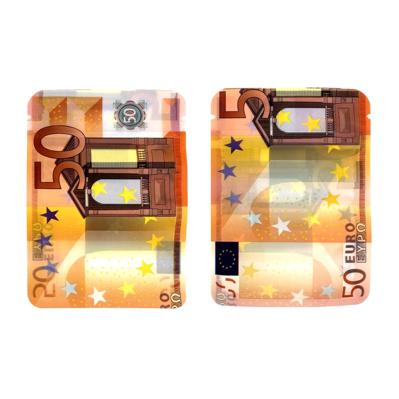 10€ 20€ 50€ 100€ 200€ 500€ 지폐 종이 지퍼 잠금 가방 투명 창이 있는 작은 주머니 1-3.5G 마일라 작은 가방 맞춤형 디자인 유로