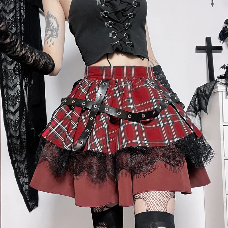 

Goth Fashion Women Skirt Lattice Patchwork Lace High Waist Gothic Style Sexy Ladies A-line Mini Skirt For Spring Summer 2023