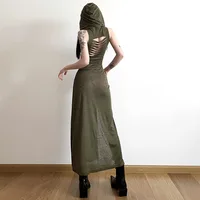 Summer 2023 Sexy European And American Style Sleeveless Hooded Dress Long Split Hollow out Pure Color Women's Gown - Image 4