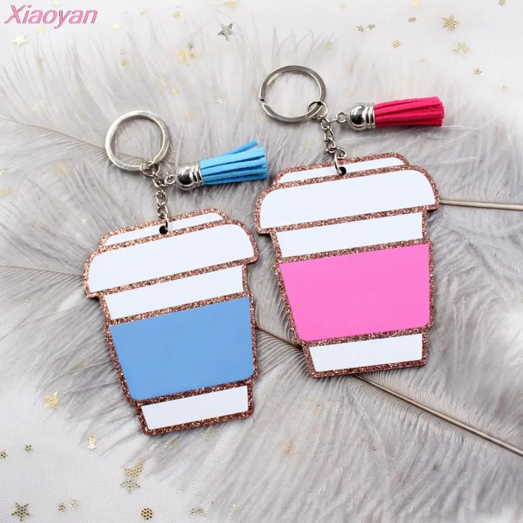 (1piece) 3inches (76mm) Acrylic Coffee Cup Keychain, Blank Keychain ,Rose Gold Glitter Acrylic Blank Keychain