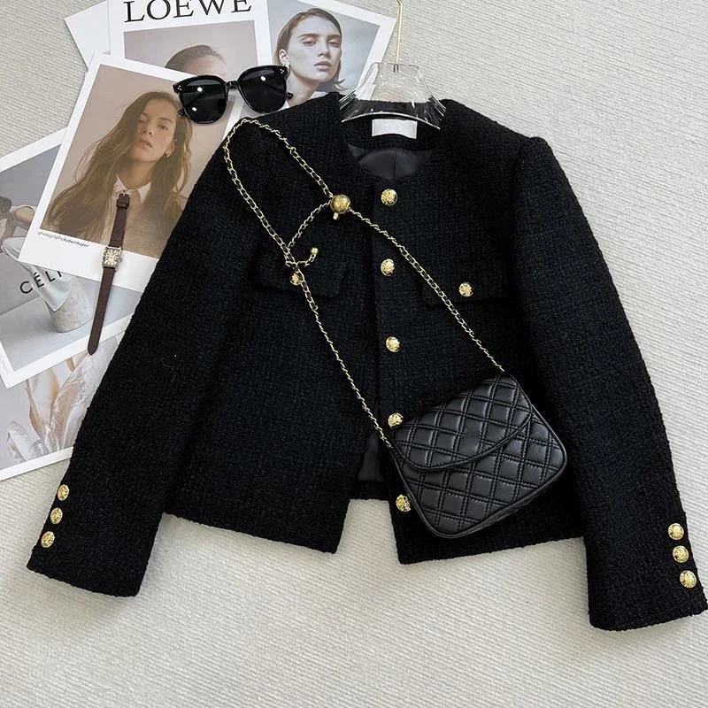Black Tweed Jackets for Women Fashion Vintage Metal Buckle Design Short Coat Women Korean Elegant Single Breasted Outerwear New 4