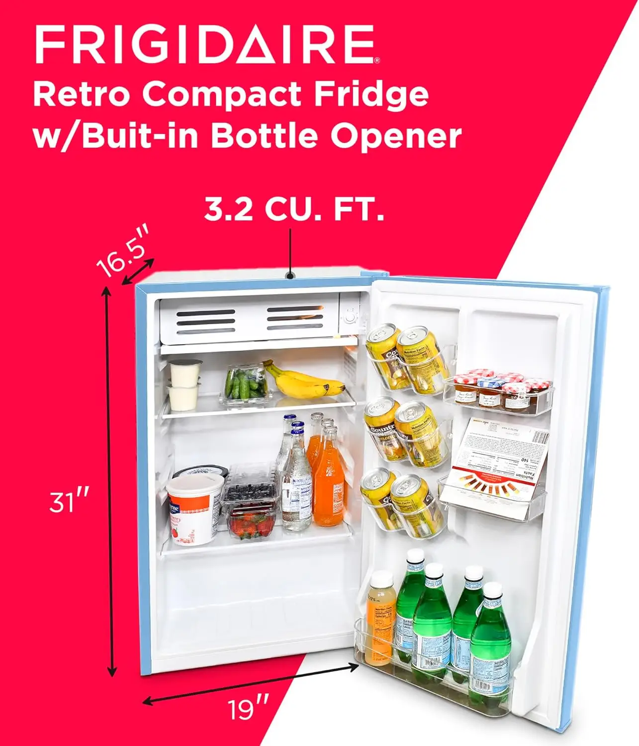 New EFR376-BLUE 3.2 Cu Ft Blue Retro Bar Fridge with Side Bottle Opener