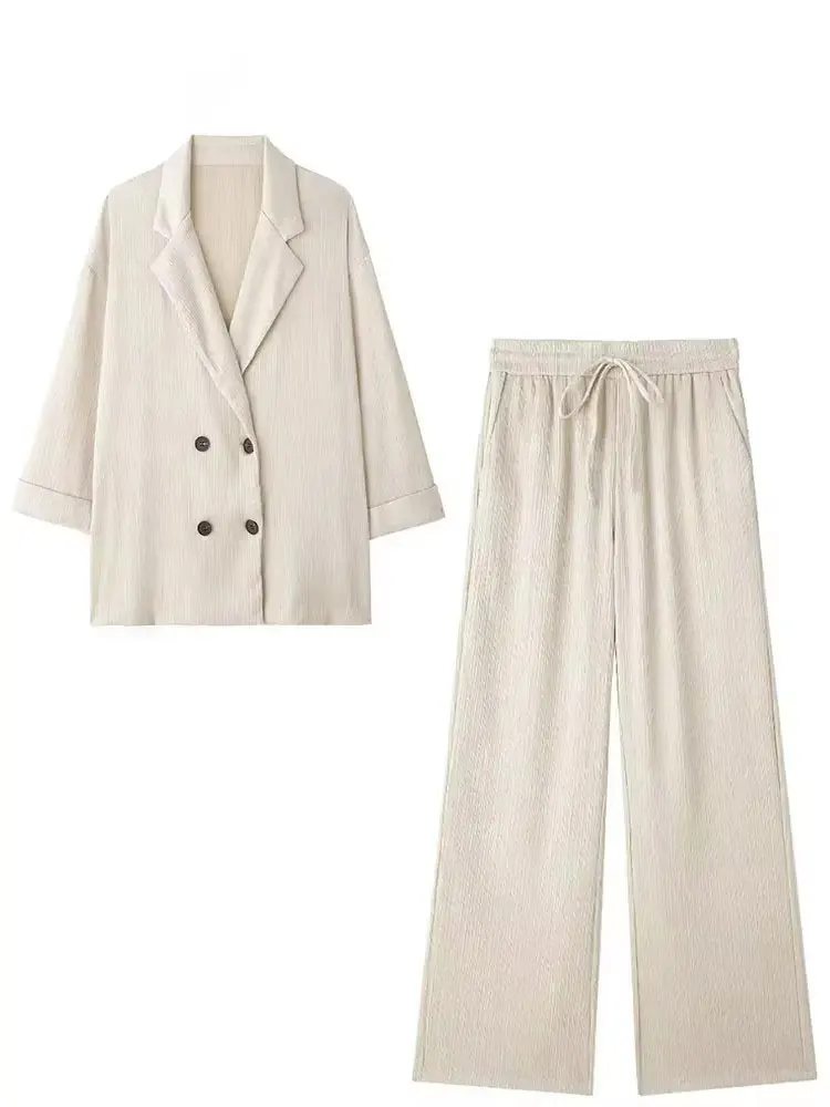 HH Women Fashion Wrinkle Effect Blazer Pant Set Long Sleeve Double Breasted Coat Wide Leg Trousers Solid Office Lady Suit