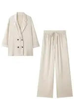 HH Women Elegant Solid Wrinkle Effect Blazer Pant Suit Double Breasted Long Sleeve Jacket Straight Trousers Streetwear - Image 2