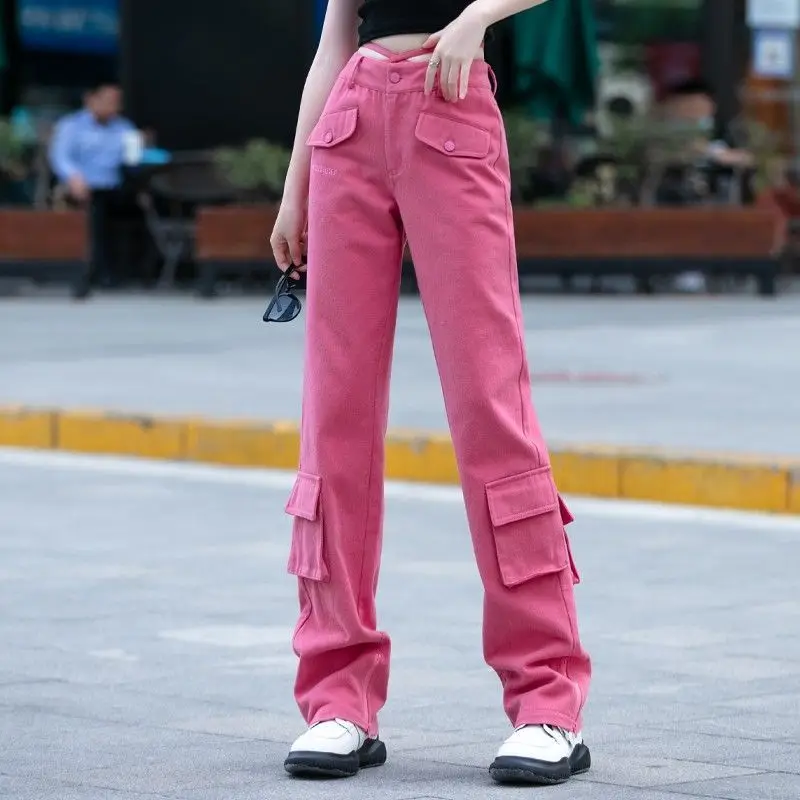 

Multiple Pockets Rose Red Pants Women High Waist Wide Leg Pants Cargo Jeans 2023 New Autumn Winter Minimalist Commuting Trousers