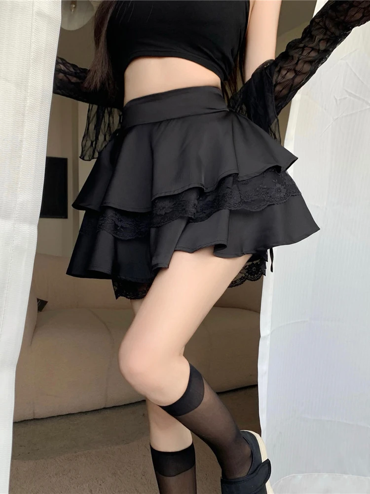 

Sexy Cute White Mini Skirt Women Drawstring Lace High Waist Irregular Ruffle Patchwork Summer Short Skirts A-line Girl