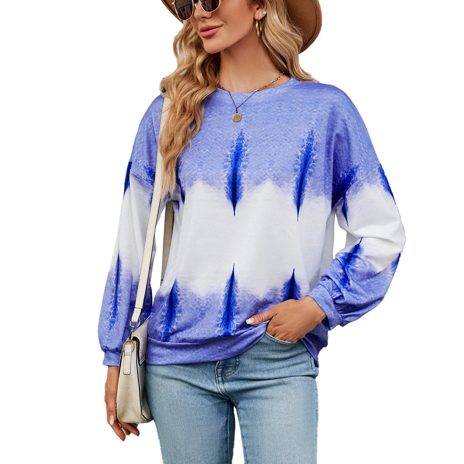 Chamliforve 2023 Autumn Winter New Tie-dye Contrast Color Round Neck Long Sleeve Loose Hoodie Ladies Top Winter Clothes Women