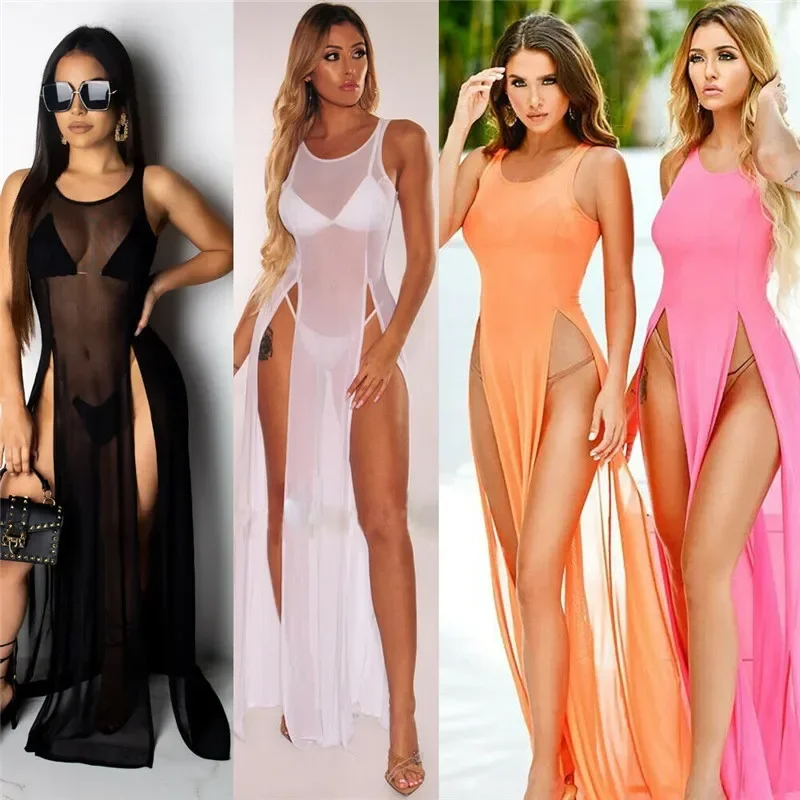 

Woman Sexy Mesh Sheer Long Dress See Through Bikini Cover Up Beach Sundress Solid Long Dress Sleeveless Strap Dress