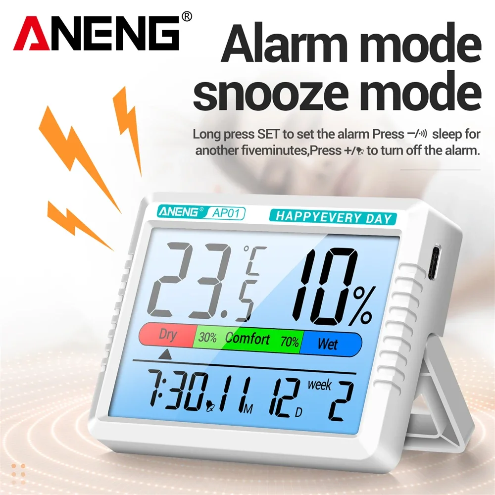 Temperature Humidity Meter Air Thermohygrometer ANENG AP01 Thermometer Hygrometer Rechargeable Multifunction Tester Backlight Air Electronic Monitor Meter Alarm Clock Testers
