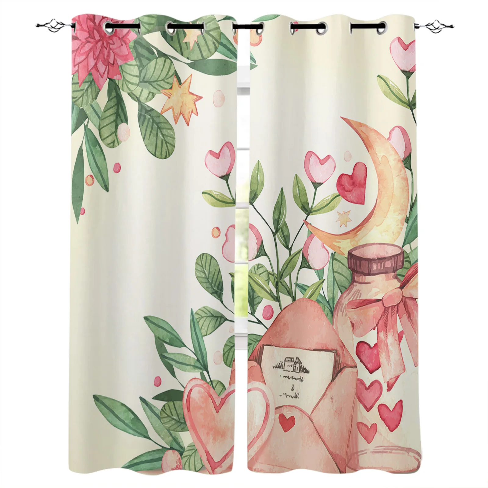 

Valentine'S Day Flower Love Letter Moon Star Love Window Curtains for Living Room Home Decor Drapes Bedroom Hotel Window Panels
