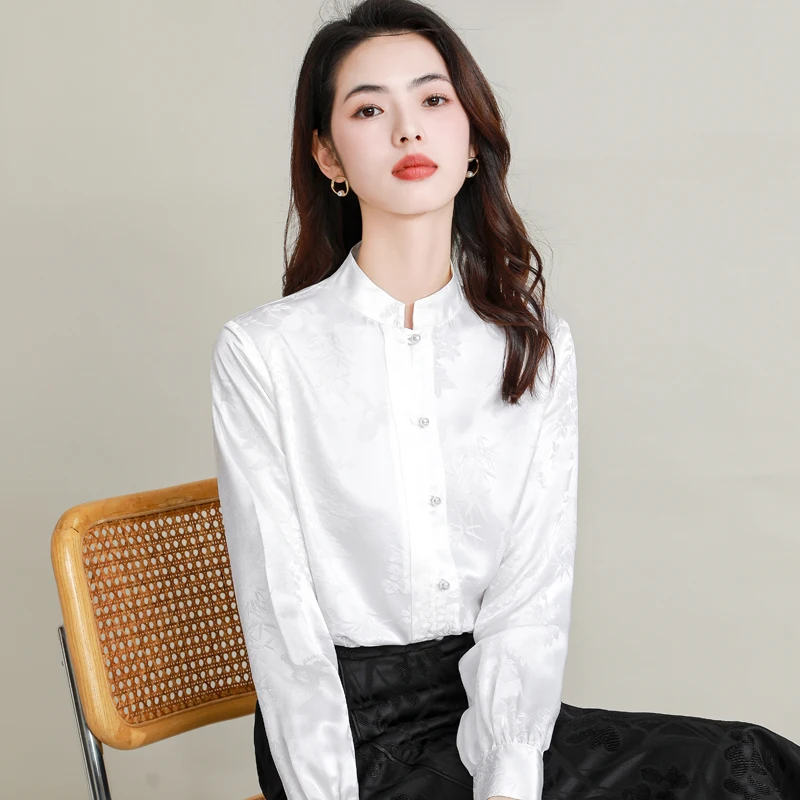 Neo-Chinese Style Women White Shirts Silk Jacquard Low Key Bamboo Patterns Top Mandarin Collar Han-style Clothing Ladies Shirt