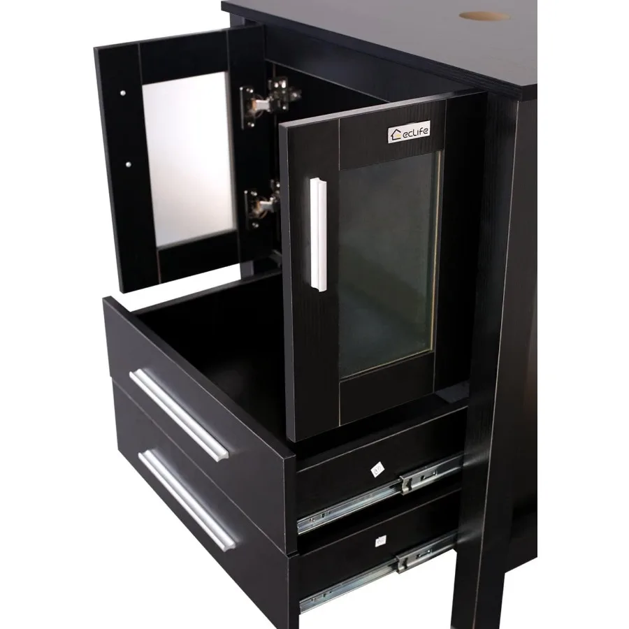 24" Modern Bathroom Vanities Sink Combo Black Stand Cabinet Wooden Pedestal with Soft Closing Glassed Doors Vanity Only 5