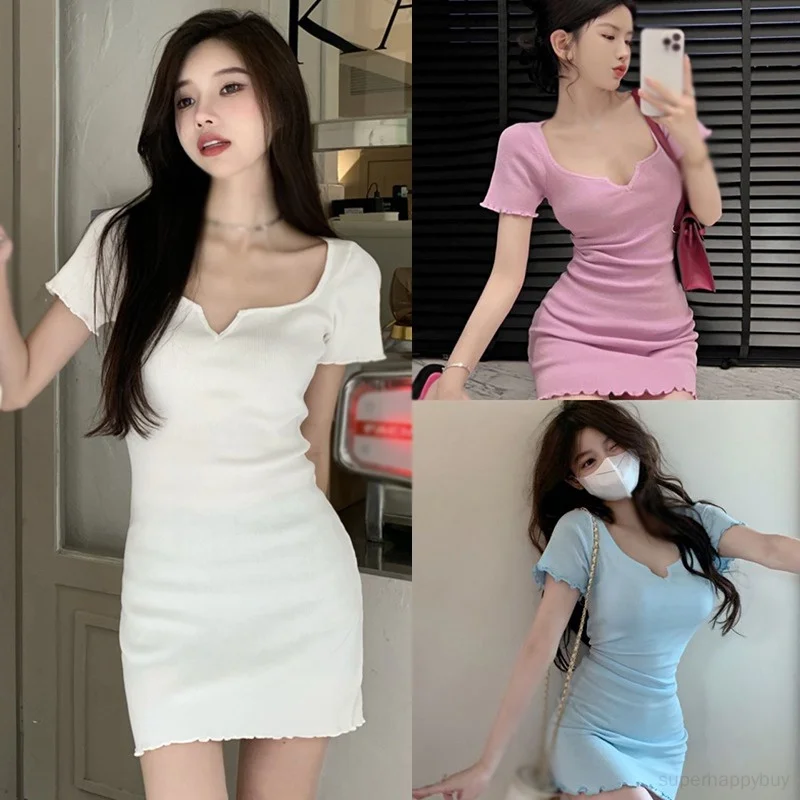 

Summer Women's Short Sleeve Dress Fashion Versatile Square Neck Solid Color Dress
