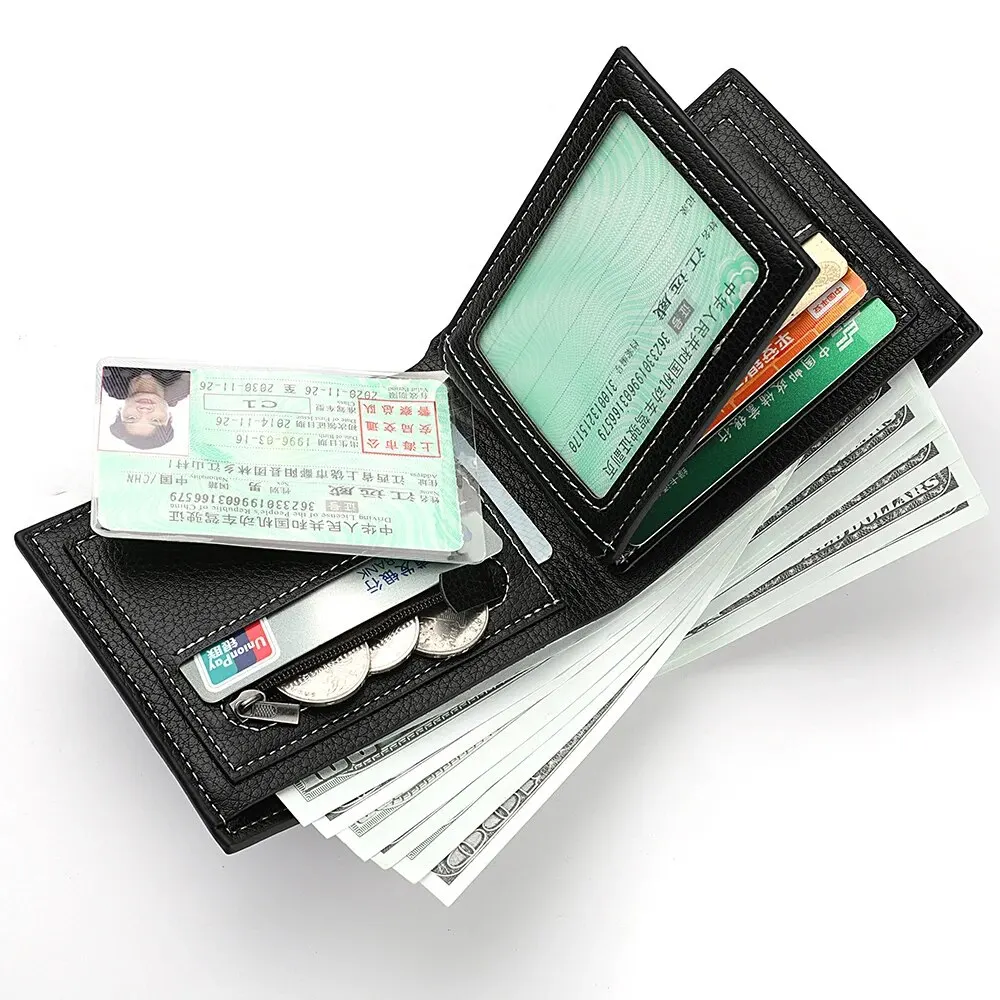 Elegant Men's Lychee Pattern Leather Wallet with Zipper Coin Pocket