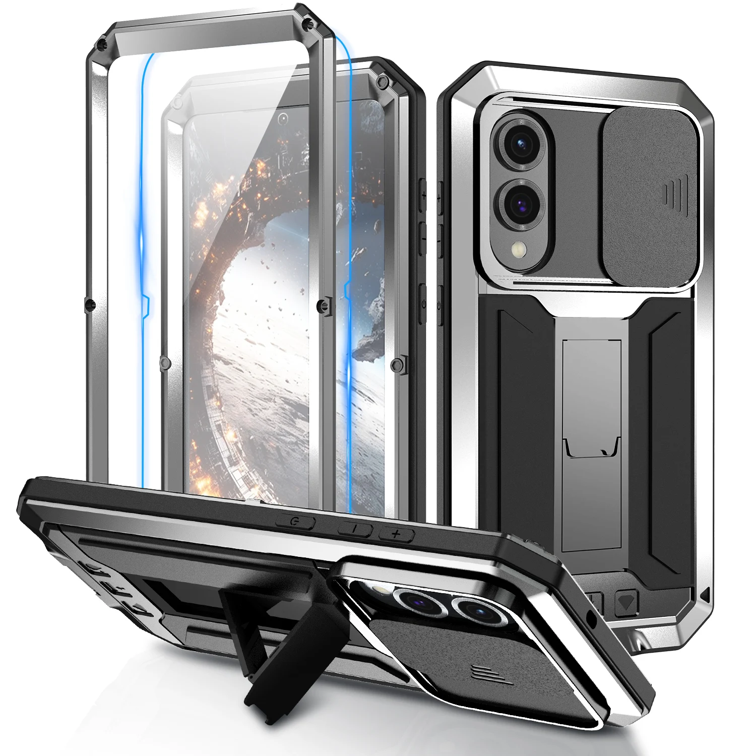 Durable Metal Shockproof Case with Screen Protector and Stand