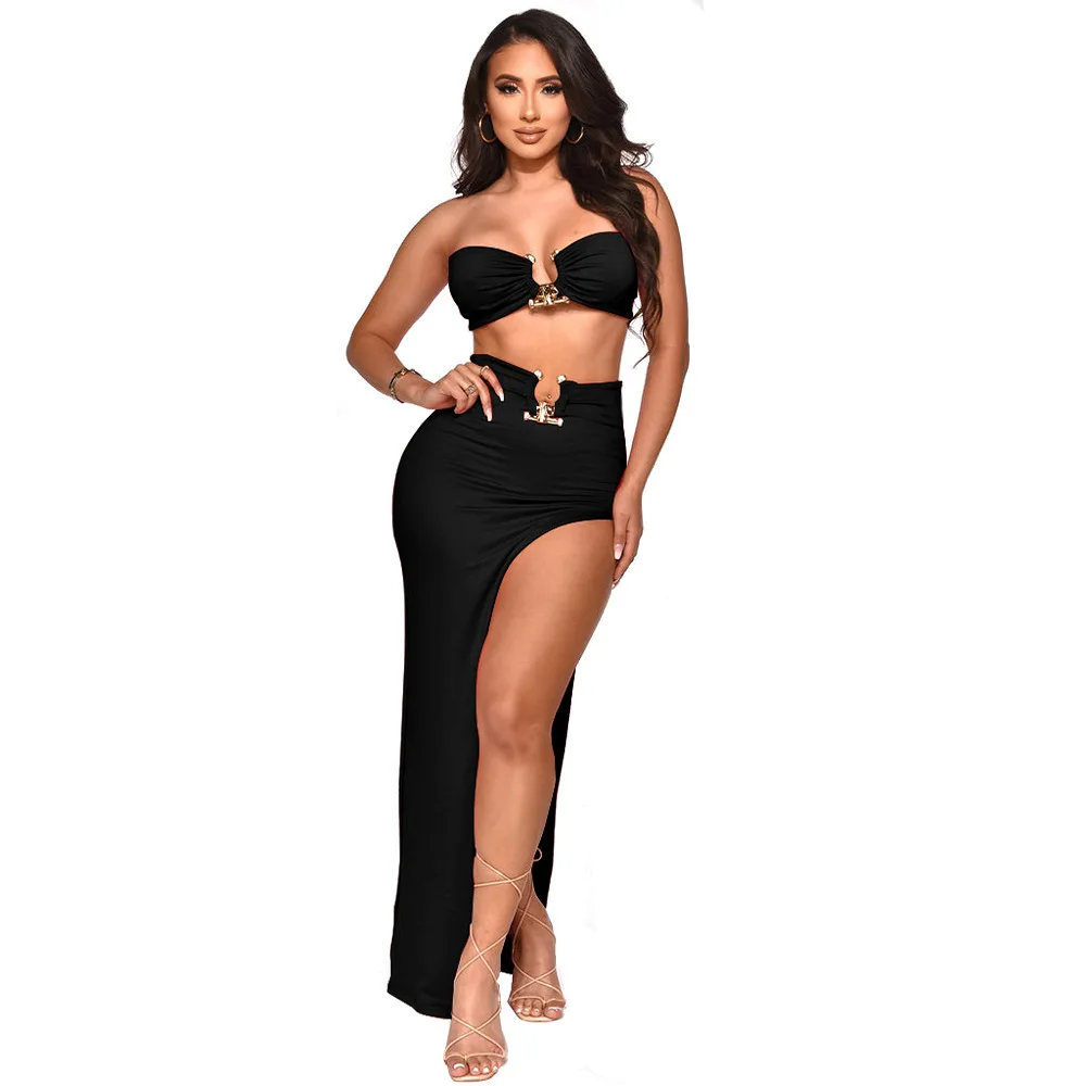 

Womens 2023 Summer New Strapless Top And Skirt Set Casual Two Piece Irregular Long Outfit Formal Elegant Sexy Arrivals Split