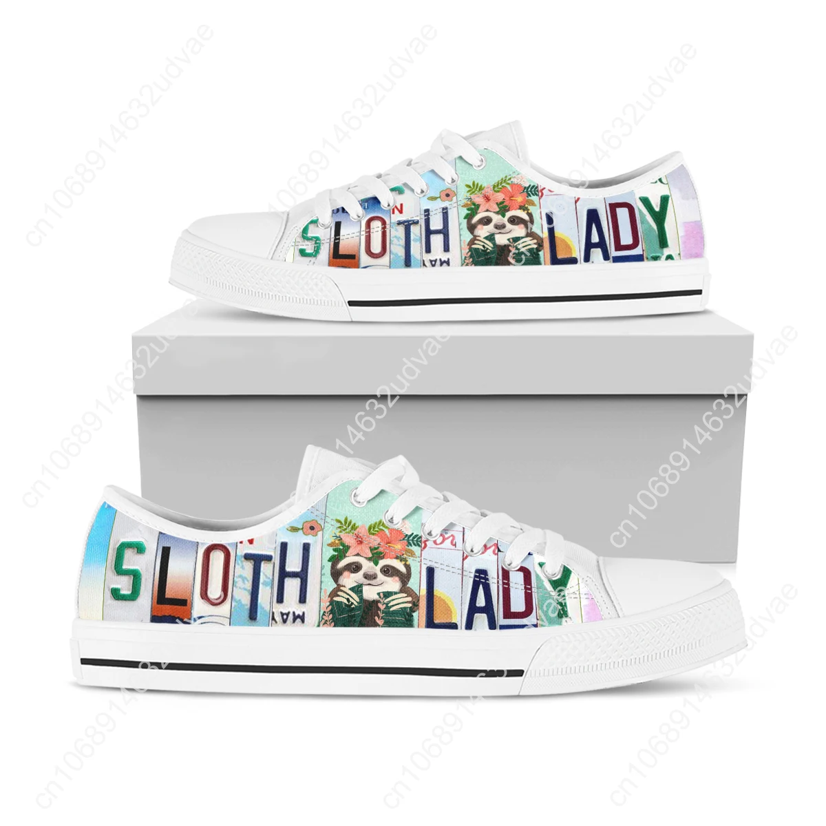 License Plate Sloth Lady Cute Women Canvas Shoes Low Top Vulcanized Sneakers Light Comfort Flats Plus Size 12 13