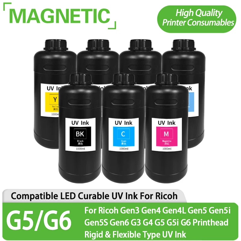 

1000ML LED Curable UV Ink For Ricoh Gen3 Gen4 Gen4L Gen5 Gen5i Gen5S Gen6 G3 G4 G5 G5i G6 Printhead Rigid & Flexible Type UV Ink