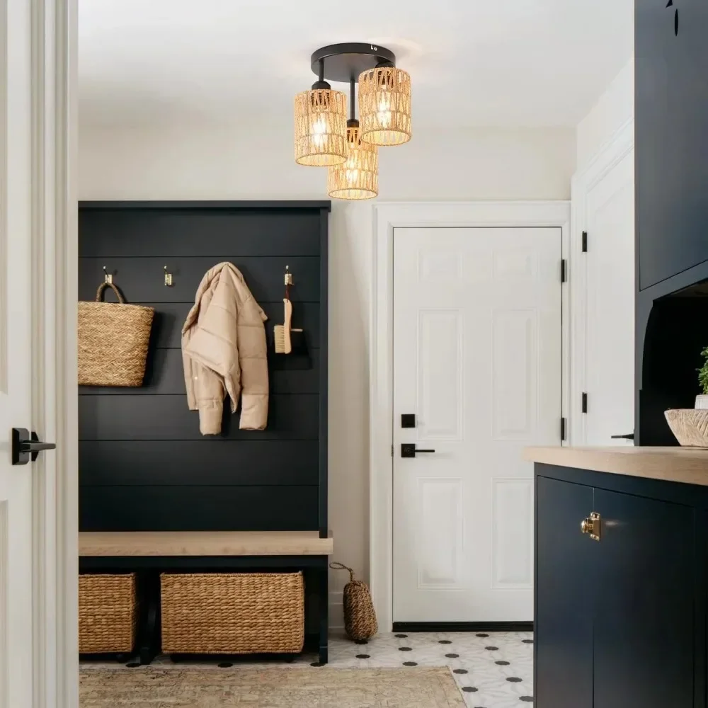 Retro Vine Pendant Light 3-Lights Rattan Light Fixture Light Chandelier Lighting Hand-woven Wicker Ceiling Light Restaurant