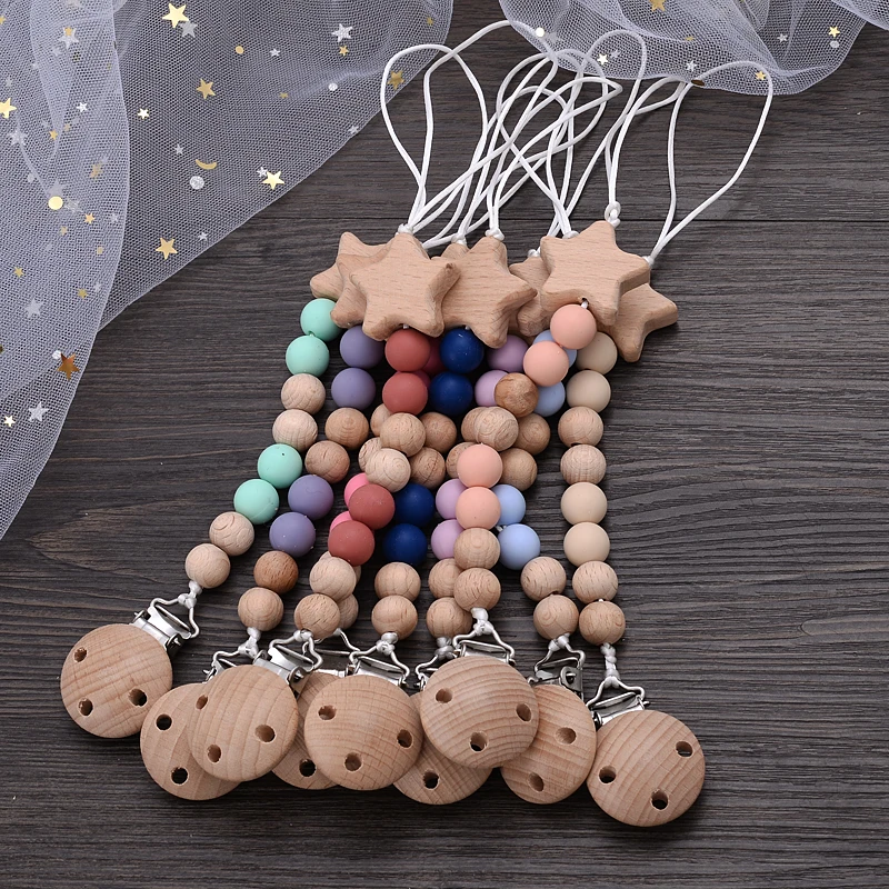 Beech Wood Chew Bead Pacifier Clips Chain Pentagram Dummy Chain Holder Soother Chains Nipple Holder For Baby Chew Teething Toy teething toys pacifier clip pacifier chain