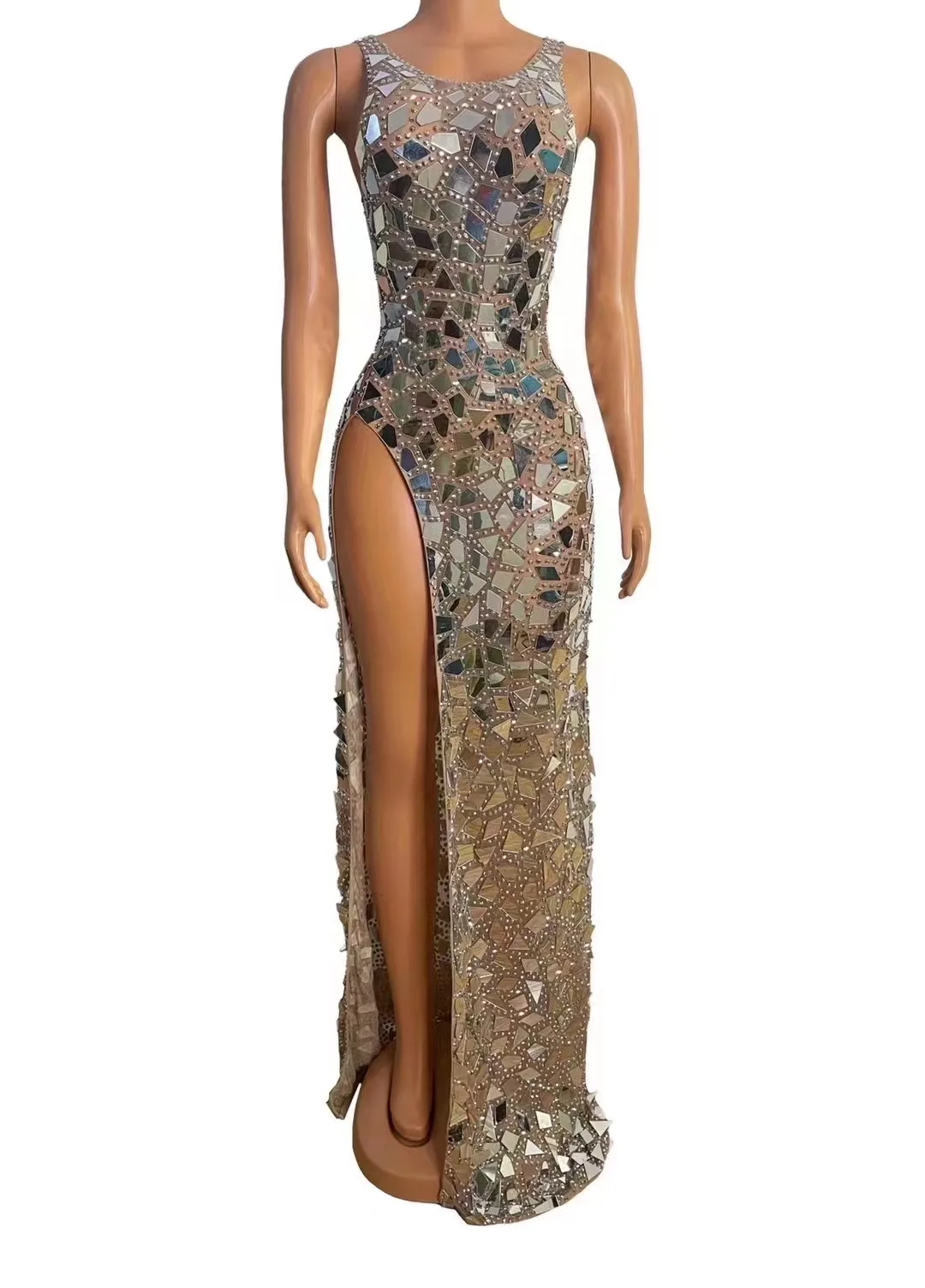 

Sparkly Mirror Rhinestones Mesh TransparentSleeveless Split Long Dress Evening WeddincCelebrate Birthday Dress Women Show Wear