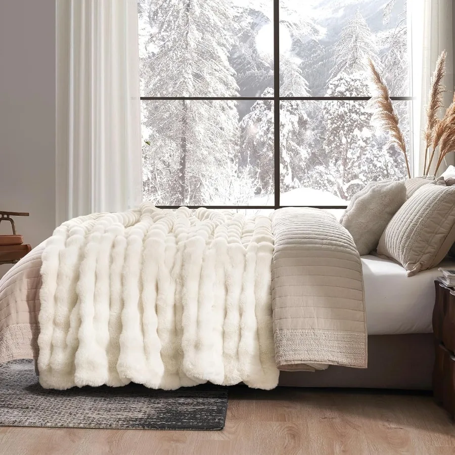 Faux Fur King Size Blanket Fuzzy Soft Plush Thick Bubble Blanket for Bed Sofa Bedroom Living Room 108 x 90 Inches Cream White I