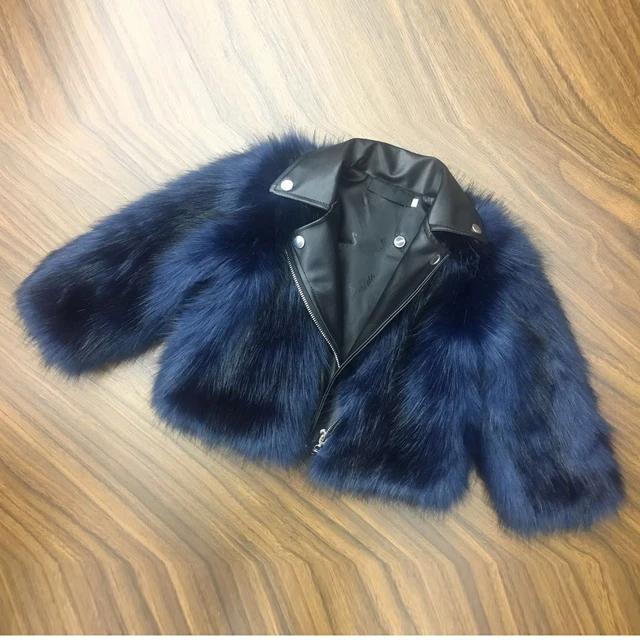Faux Fox Fur Children Leather Coat Autumn And Winter 2020 Motorcycle Girls Fashion Fur Jackets Kids Leather Tops Clothes 2-14T Blue