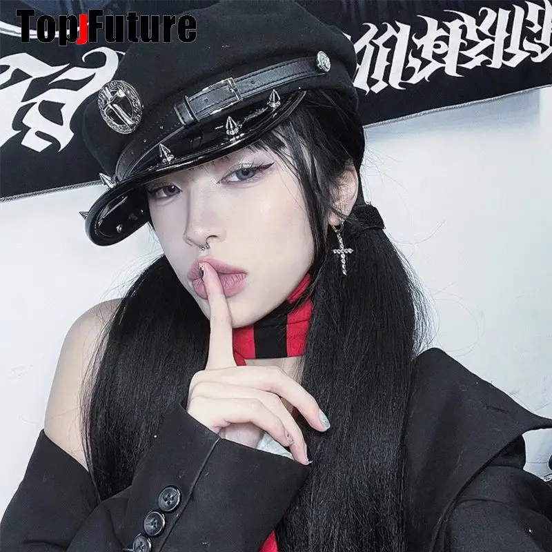 

Harajuku Gothic Lolita Hat Women Punk Chain Subculture Spice Girl spike Rivet Cap Hat Female Y2K Girls Accessories Lace Cap