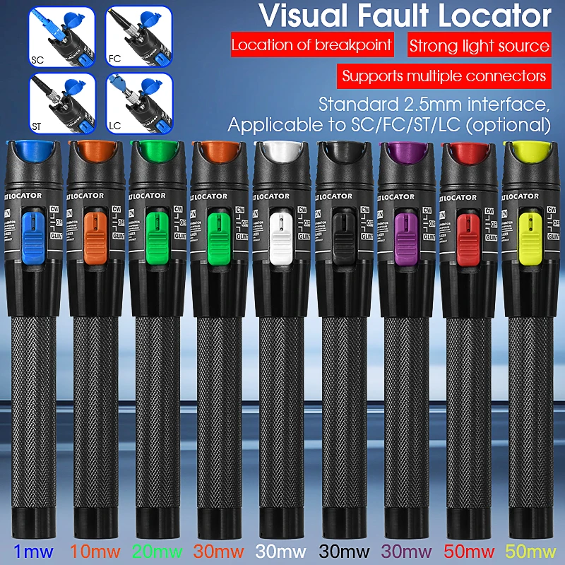 

FTTH Fiber Optic Cable Tester Pen 1/10/20/30/50mw Visual Fault Locator SC/FC/ST 2.5mm Interface VFL 5-50Km Range