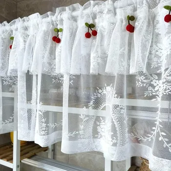 Tenda da cucina corta in pizzo bianco Tasca in voile velato Design a ciliegia Doppio strato Mezze tende Decorazione per porte e finestre del soggiorno 1