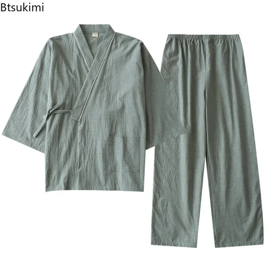 Men's Solid Japanese Kimono Pajamas Casual Sleepwear Male Lace-Up Top and Pants Sets Soft Two-piece Homewear Suit Male pajama sets
