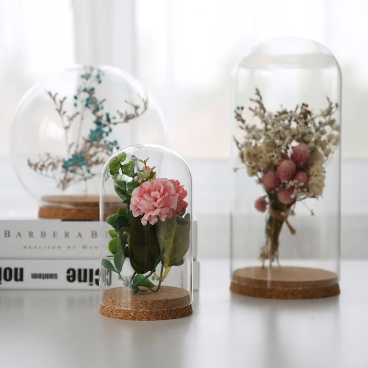 Clear Dome Cloche DIY Landscape Dollhouse Flower Preservation Vase with Wooden Base Antique Glass Bell Jar for Home Office Decro glass display dome