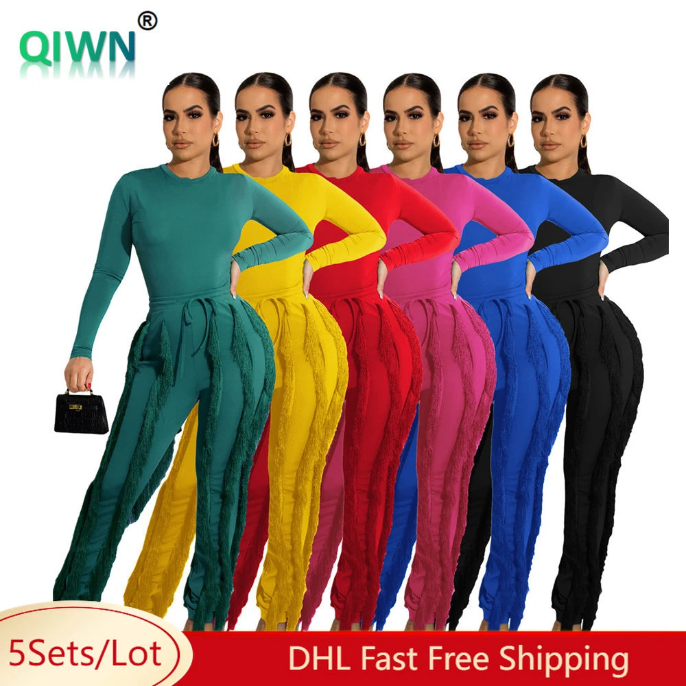 5Sets Bulk Item Wholesale Women Pants Sets Solid Long Sleeves Bodysuit+